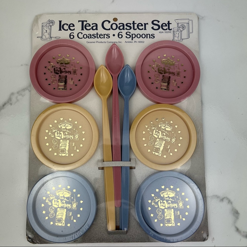 Vintage Gessner Prods Ice Tea Coaster Set 6 Coasters 6 Spoons Pink Yellow Blue